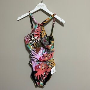 Bleu Rod Beattie Lets Get Loud One Piece Swimsuit Halter Plunge Neck Sz 6 NEW